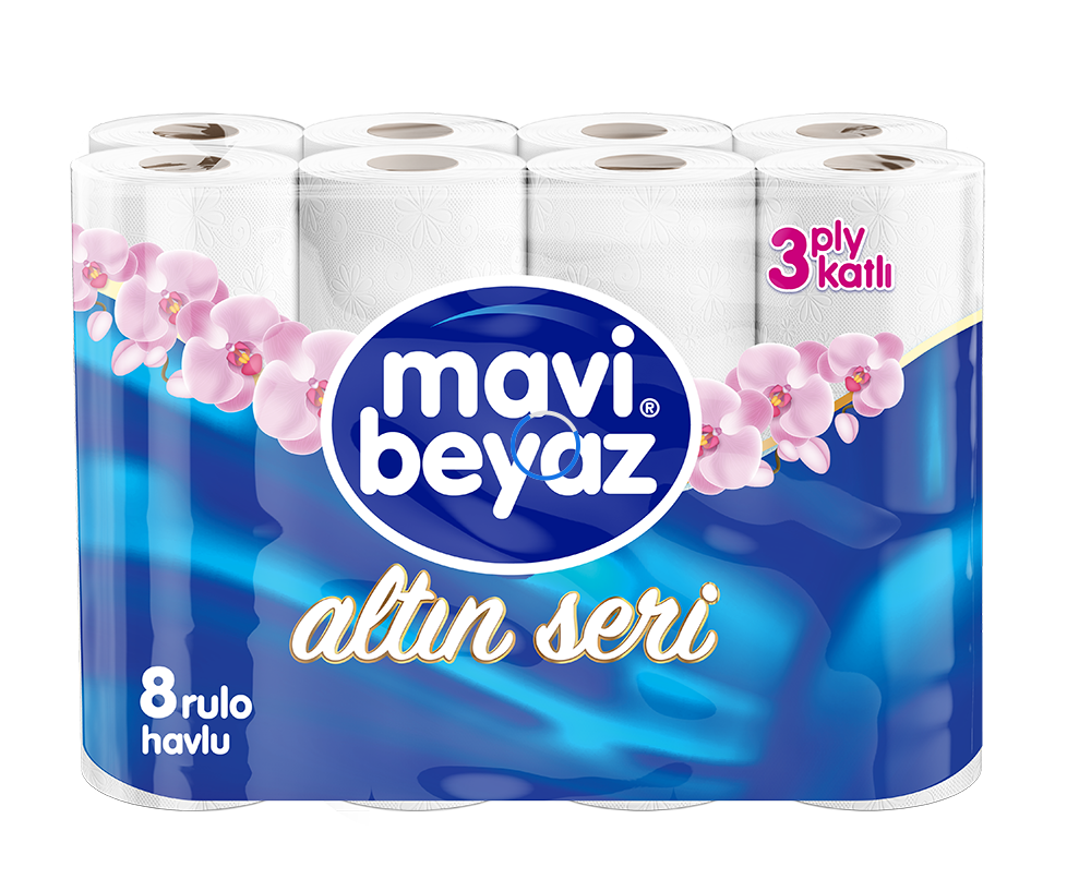 Mavi Beyaz Üç Kat Havlu Altın Seri 8 Li